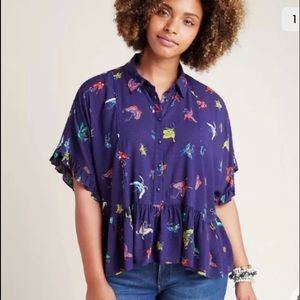 Maeve Anthropologie Butterfly Print Button Up Ruffle Oversized XS Blouse
